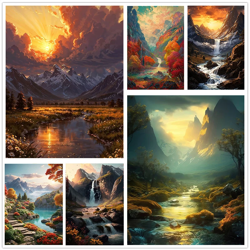 Lagos tranquilos y cascadas magníficas, carteles de paisajes de otoño, impresiones de pintura al óleo, pinturas de pared, decoración del hogar para sala de estar