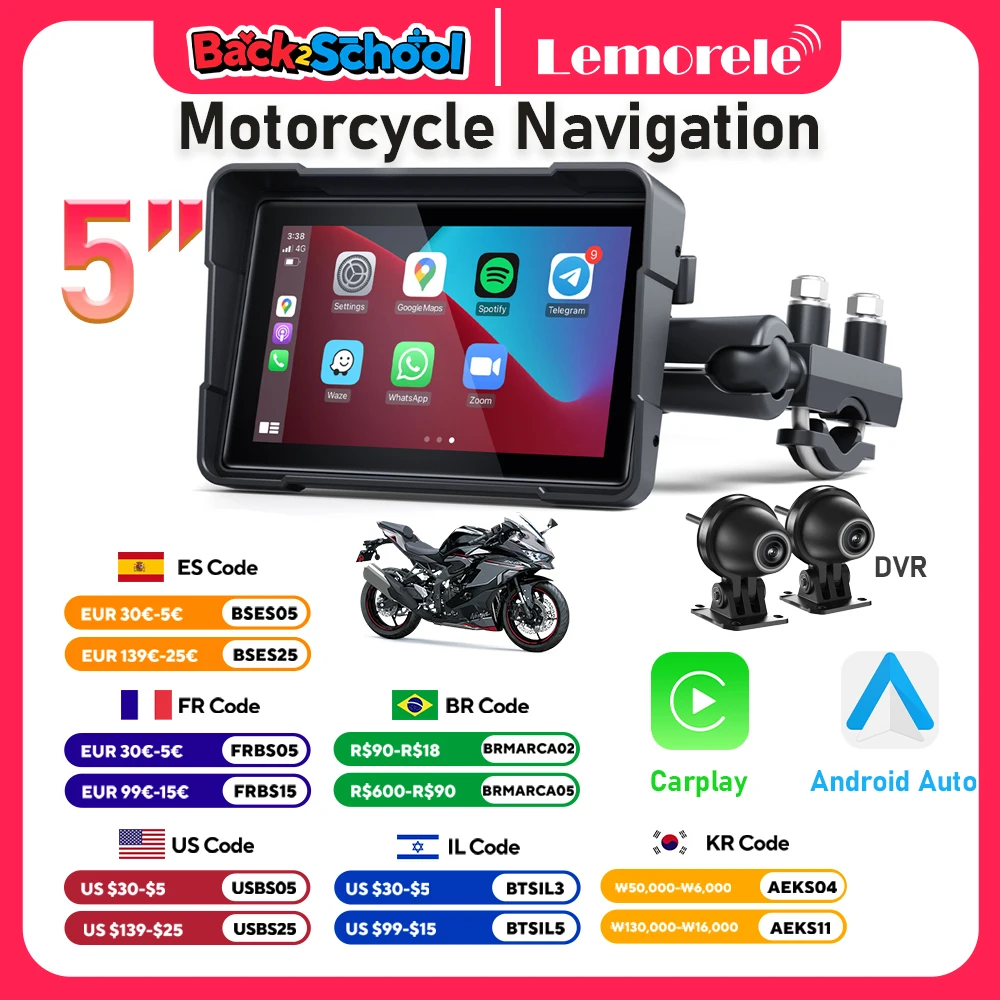 

Lemorele 5inch Navigation Motorcycle DVR Carplay Display Screen Portable Motorcycle Wireless Android Auto Monitor