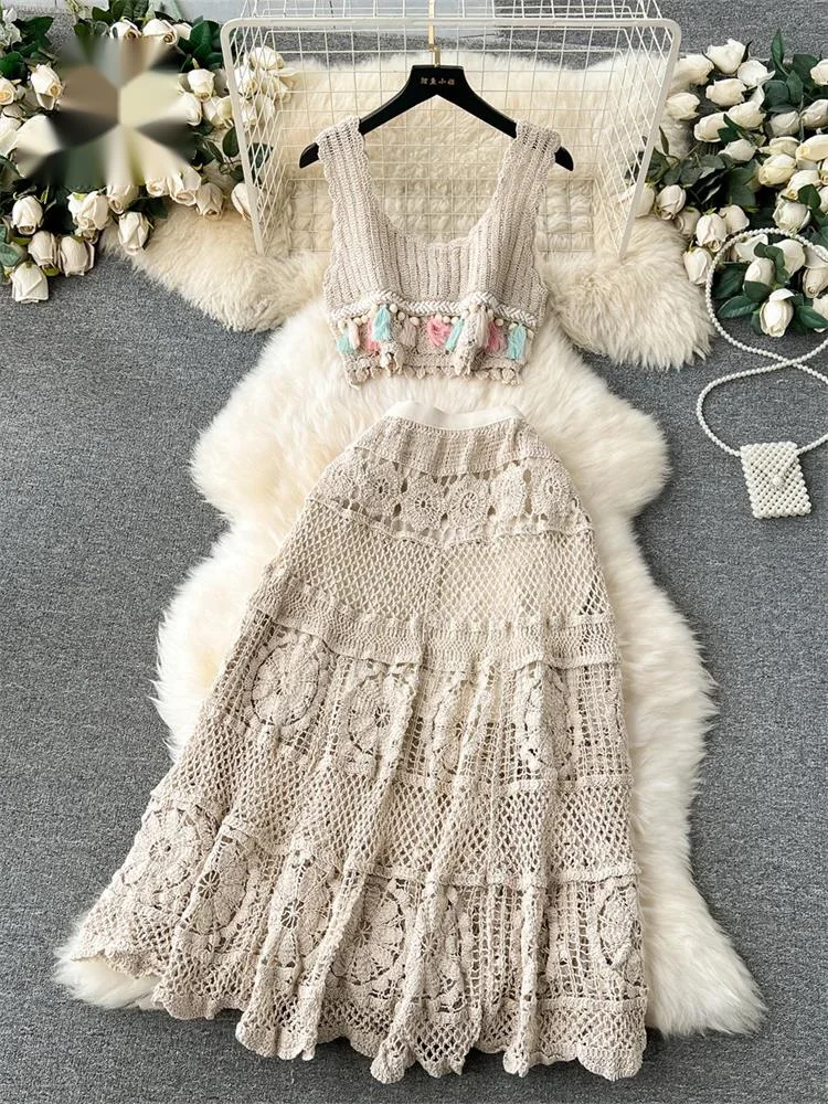

Bohemian Vintage Knit Suits Tank Tassels Crop Tops+Loose Hooked Hollow Out Skirt Fashion Women Summer Chic Beach Sets