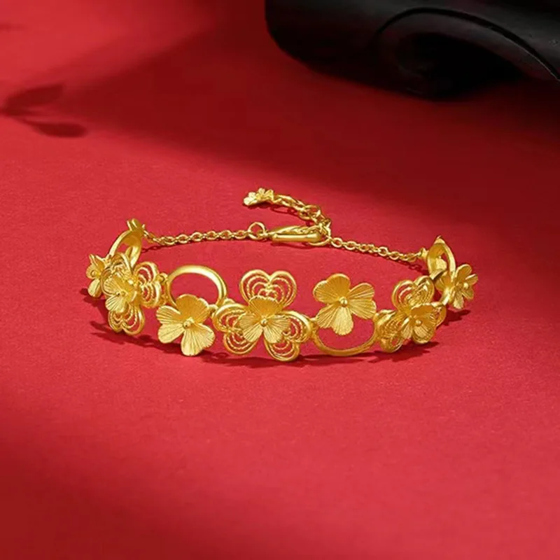 AU999 24K الذهب المزدوج - سوار القلب |   المينا المتدرجة - قلوب مطلية، لؤلؤية - حواف مرصعة، رقيقة ونبيلة