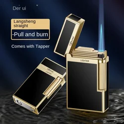 High-end Business Straight-through Compact Jet Butane Engraved Metal Gas Bright Sound Cigar Lighter with Cigar Cutter with Box