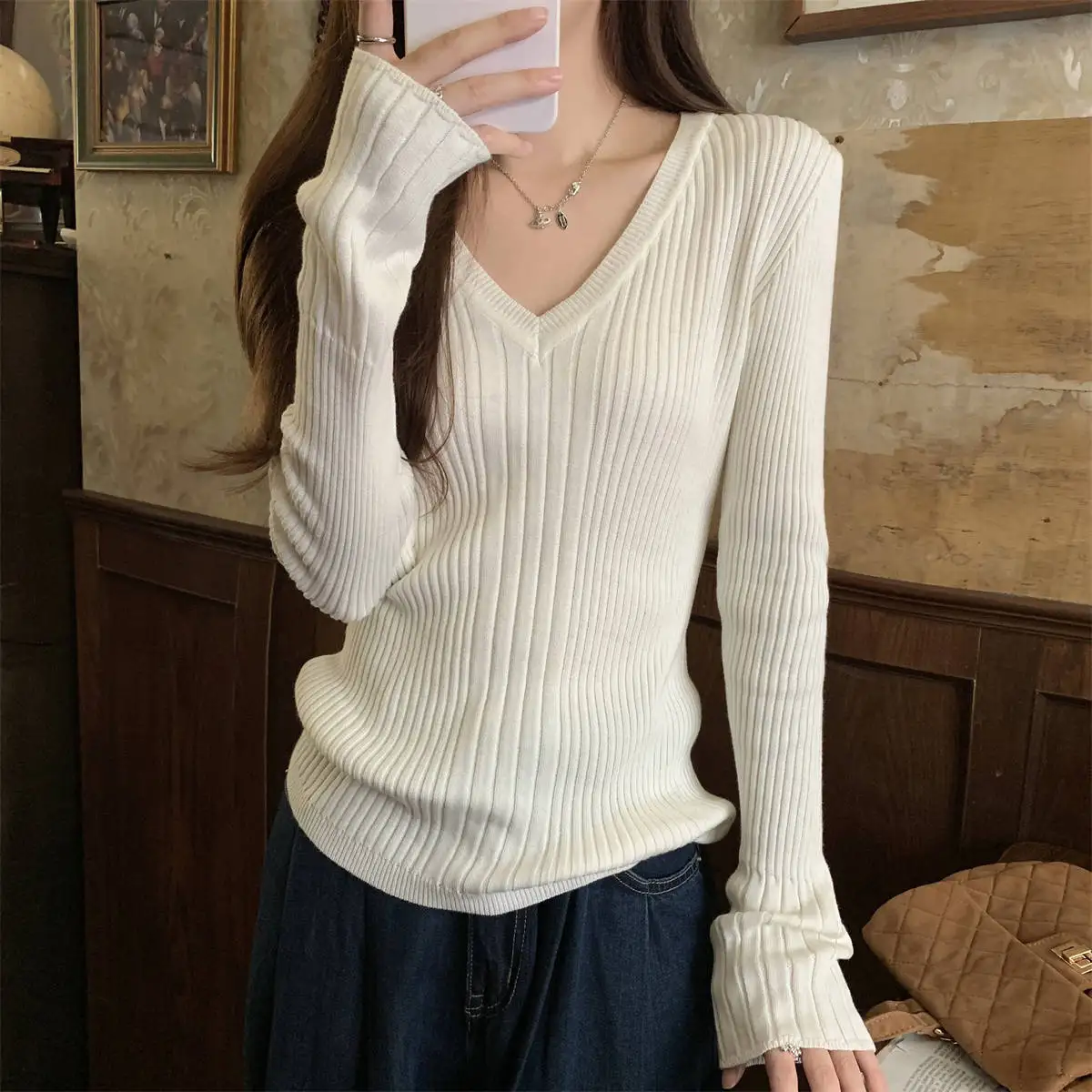 Haut en tricot côtelé pour femmes, Sexy, pur désir, col en v, Slim, ajusté, manches longues, pull court, nouvelle collection automne 2026 |   Superposition de style américain P