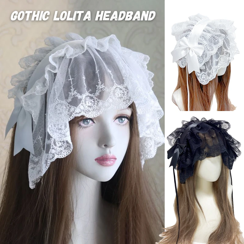Diadema de velo gótico de Lolita hecha a mano, estilo de lazo Vintage blanco y negro para mujer, trajes elegantes de uso diario y Cosplay