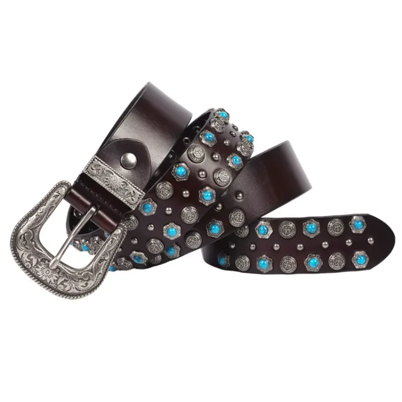 Punk Rivet Belt With Imitation Turquoise Inlay Versatile Leather Waist Belt