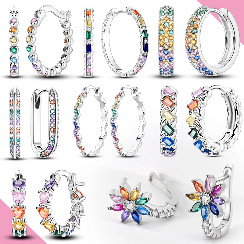 925 Sterling Silver Hoop Earrings Colorful Zircon Rainbow Star Circle Round Pendientes Drop Earring For Woman Fine Jewelry