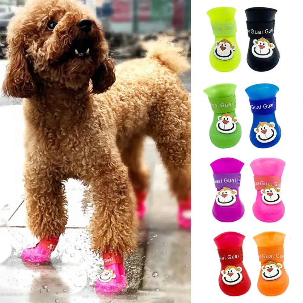 4Pcs Stylish Pet Boots Convenient Anti-Slip Lovely Cartoon Patter Bright Color Pet Rain Boots