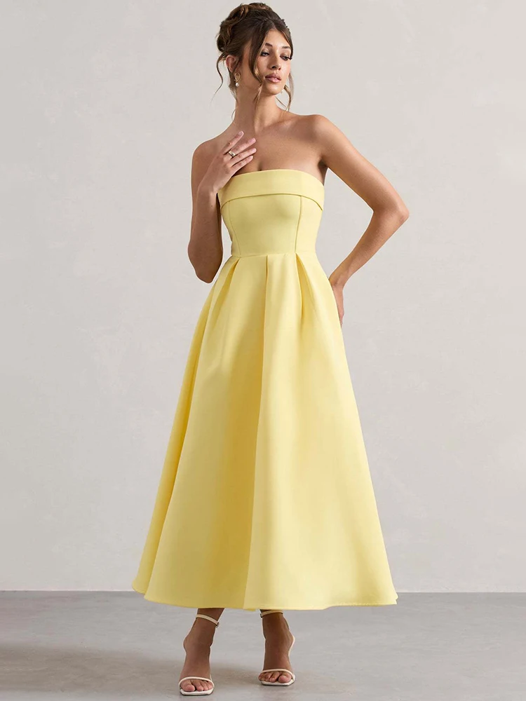 

Mozision Off-shoulder Strapless Sexy Midi Dress Women Fashion Elegant Sleeveless Backless High Waist A-line Club Party Dress New