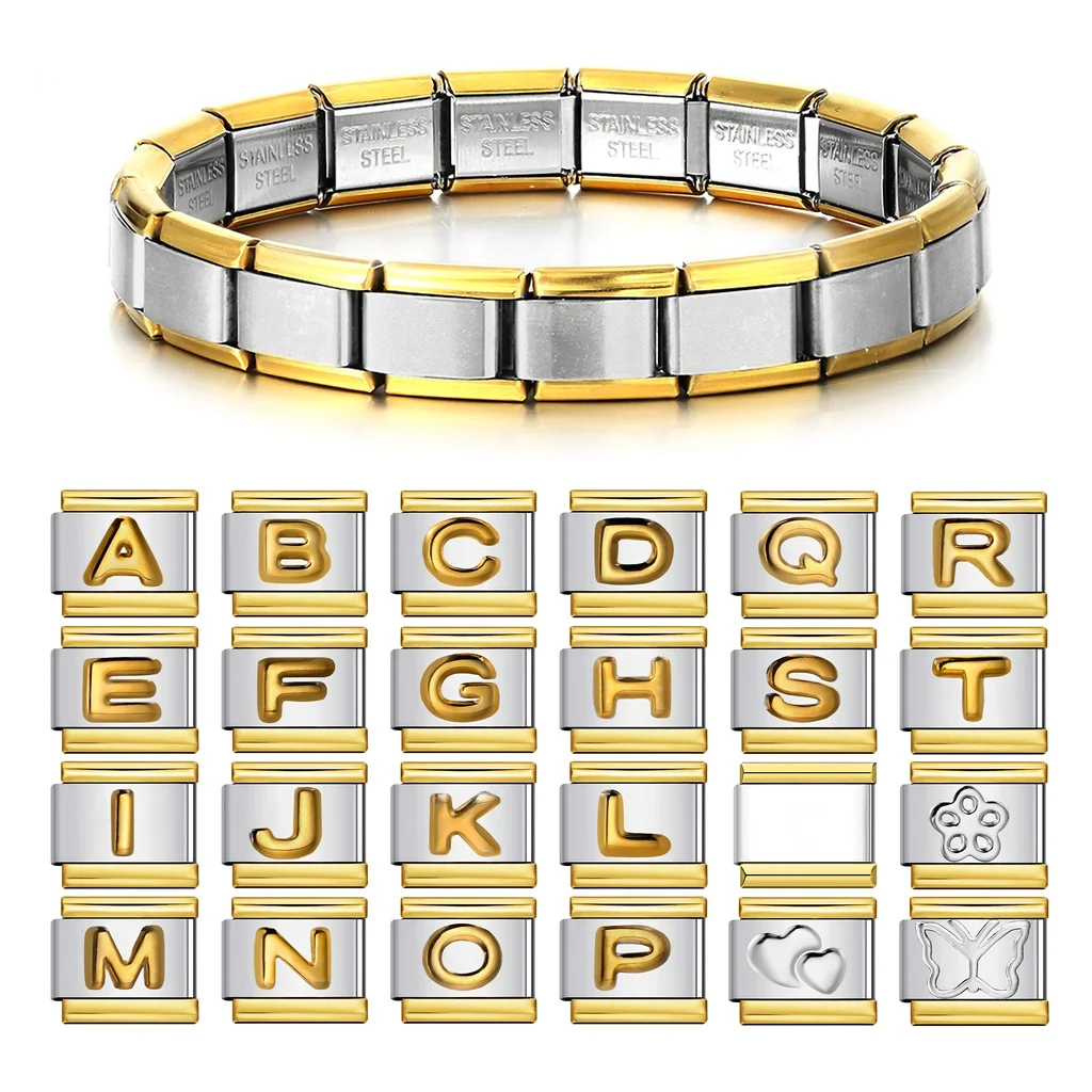 A-Z de Color dorado, 26 letras en inglés, eslabones italianos aptos para abalorio de acero inoxidable de 9mm, cadena de mano Simple DIY, pulsera, fabricación de joyas