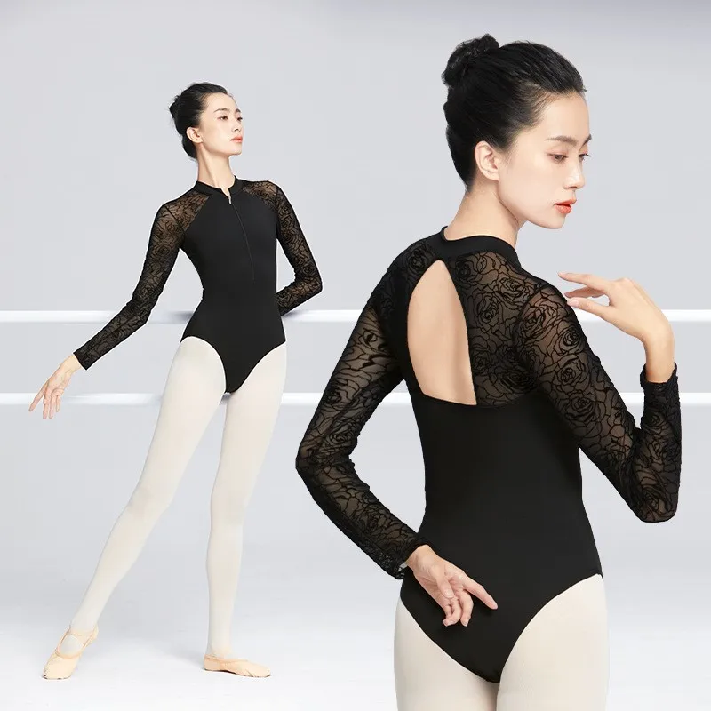 Women Lace Dance costume Gymnastics Leotard adult spring flocking Ballet practice Bodysuit Stand collar performance clothing