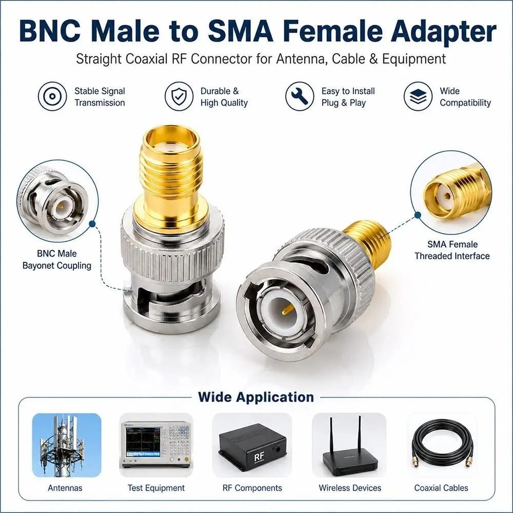 Metal BNC to SMA Adapter Male to Female Straight BNC Male Adapter Bayonet Coupling Threaded Connection SMA Female Adapter
