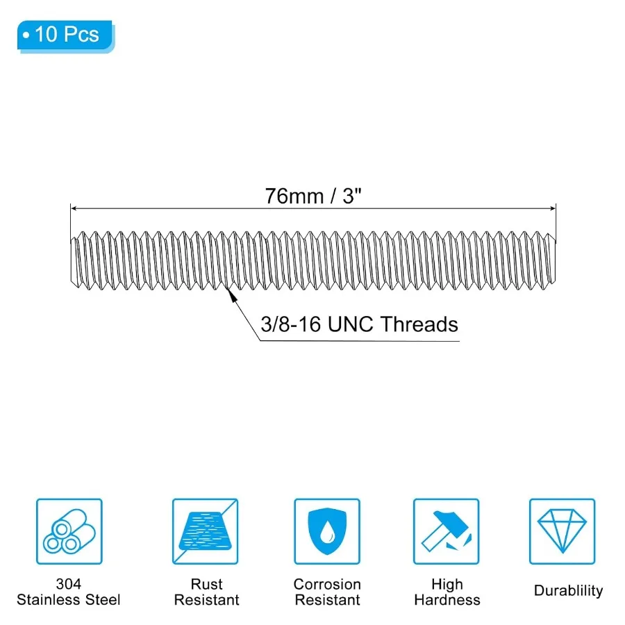 3 8 "16 U 304 الفولاذ المقاوم للصدأ قضيب ملولب بالكامل 10 قطعة 3" طول طويل الخيوط المسمار اليد اليمنى المواضيع جميع الخيوط قضيب ترصيع f #2