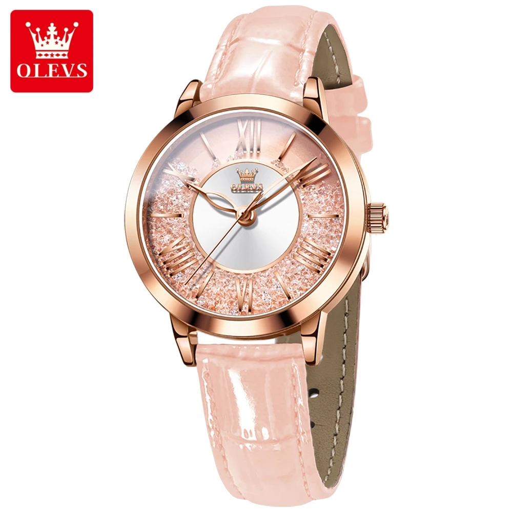 OLEVS Women's Watches Elegant Fashion Pink Shining Zircon Dial Leather Strap Original Quartz Wristwatch for Lady Waterproof New