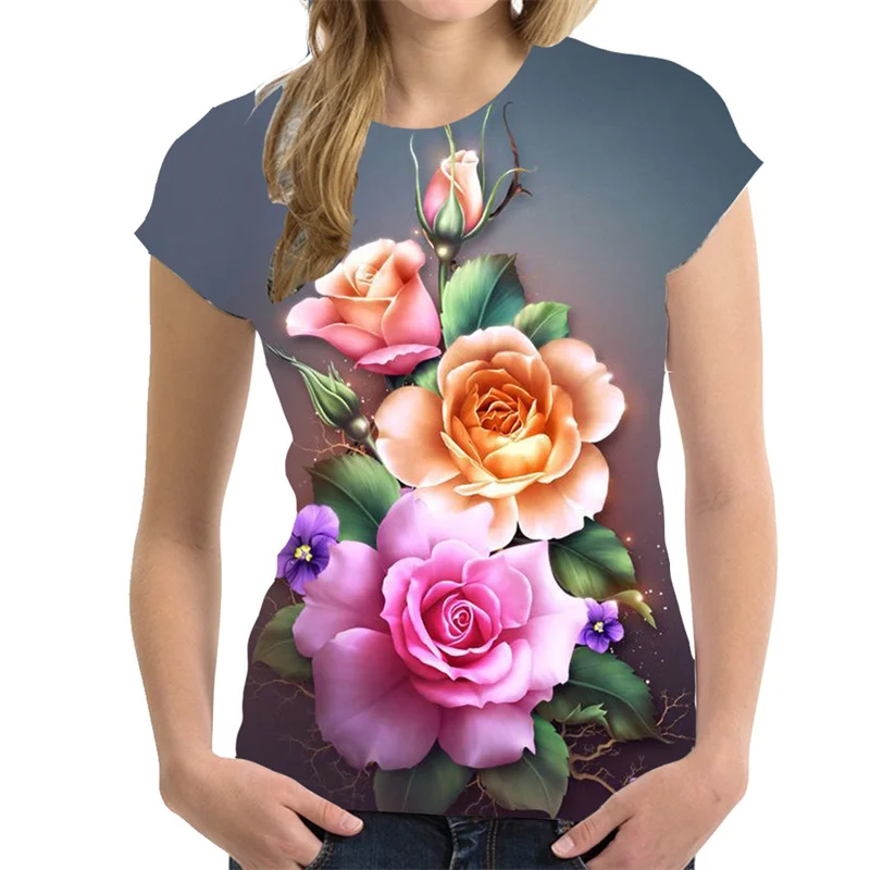 

New Harajuku 3D Print Colorful Floral T Shirt Flowers Graphic T Shirts Women Fashion Tee Shirts Girl Funny Clothing Short Shirts