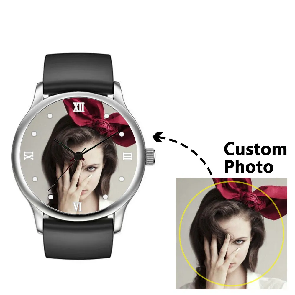 Newly Launched Black Silicone Strap Quartz Watch, Customizable Photo Logo, Anniversary Gift for Men and Women