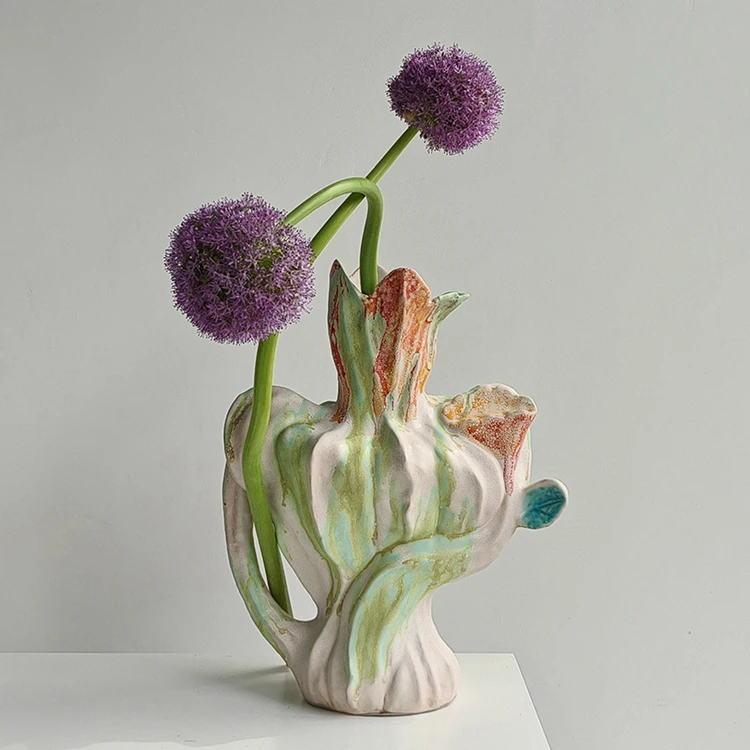 Handmade Flower Bud Shaped Irregular Hollow Out Colorful Graffiti Ceramic Vase Crafts Home Decoration