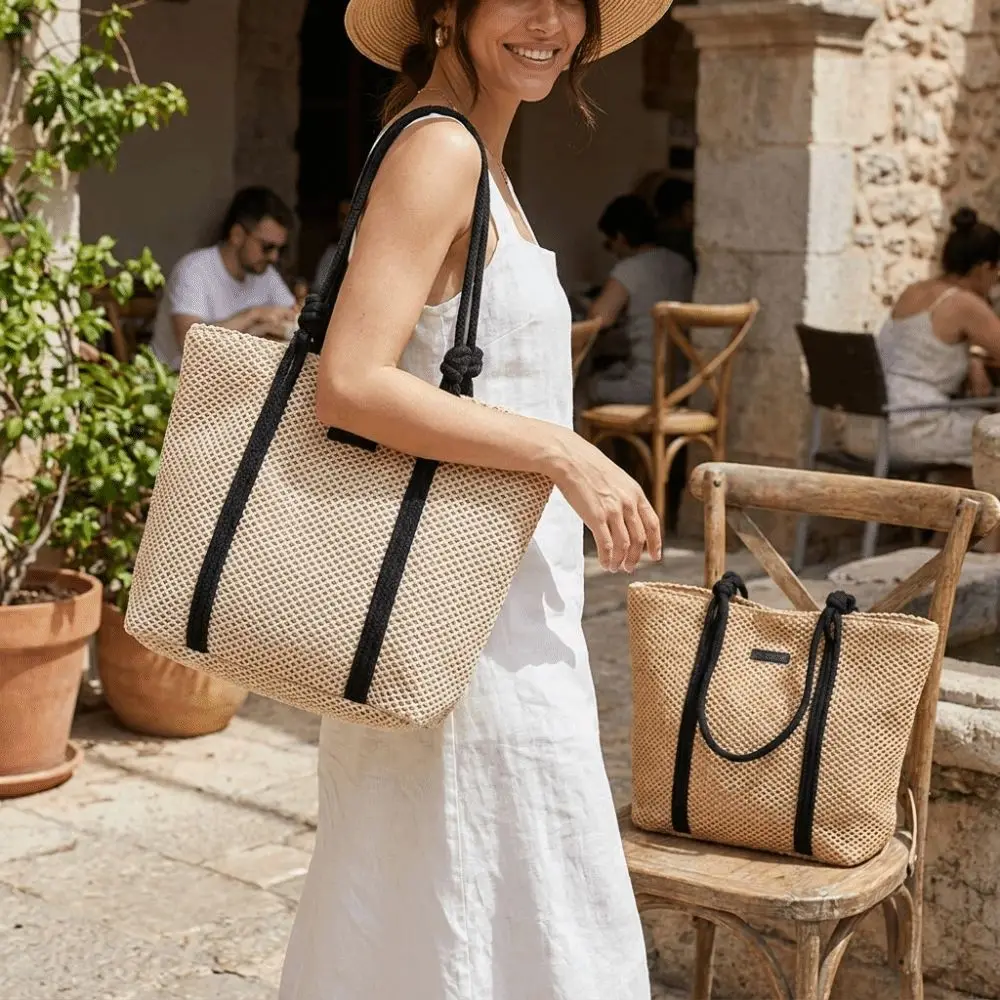 Handwoven Texture Straw Tote Bag Large Capacity Open Top Woven Shoulder Bag Lightweight Body Contrast Trim Women's Handbag