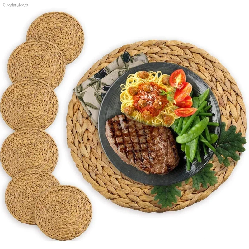 6pcs Round Woven Placemats for Dining Table, 7.8 Inch Straw Braided Placemat, Heat Resistant Non-Slip Weave Placemats