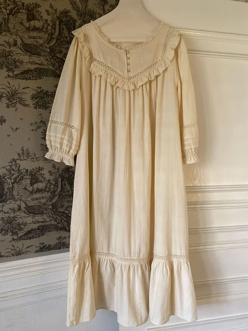 Women Victorian Sleepwear Pure Cotton Vintage Nightgowns Robe Ruffles Nightie Long Night Dress Romantic Princess Nightdress