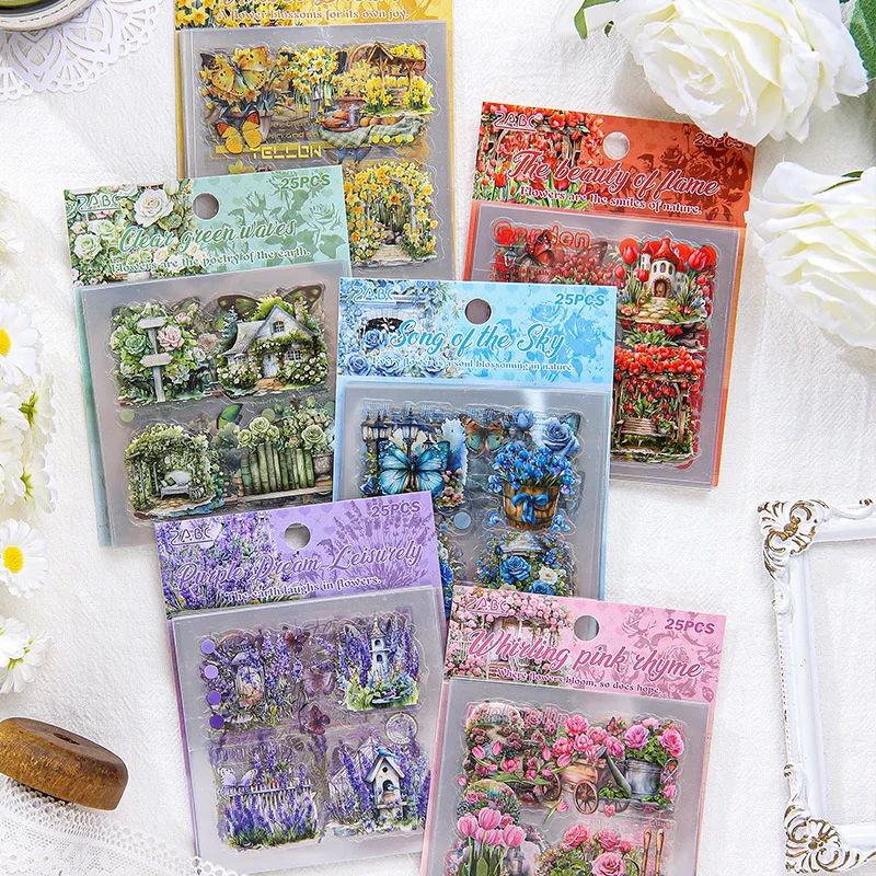 25 pcs/pack INS Garden flower butterfly Stickers Creativity Decorative Adhesive Diy Diary Scrapbooking Junk Journal Supplies