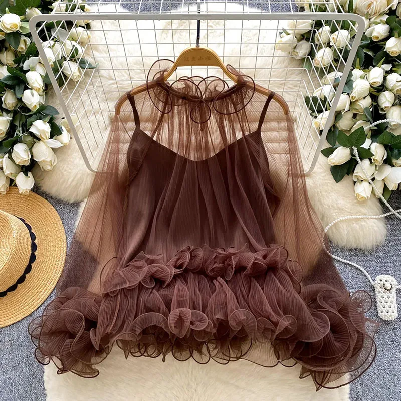 

Mesh Pleated Ruffles Top Sheer Tierred Shirt+Basics Tank Top Ladies Fashion French Senior Classy Romantic 2Pcs Sets