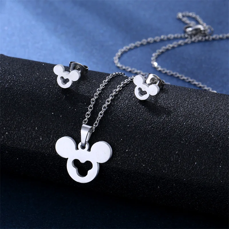 Disney Stainless Steel Mickey Mouse Pendant Necklaces Stud Earrings Jewelry Set for Women Girls Daily Accessories Jewelry Gifts