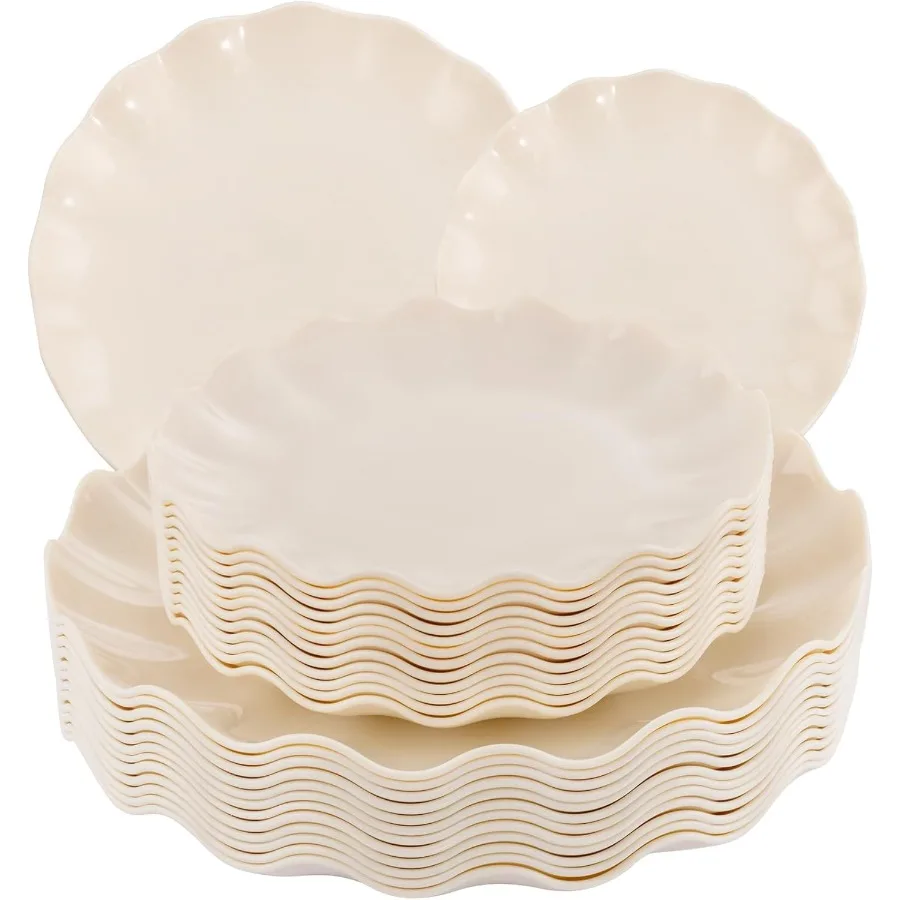 

LIYH 24 Pcs Plastic Plates Reusable Unbreakable Dinner Plates Scalloped Design Dishwasher Safe Ivory Plate Sets Ideal for Parti