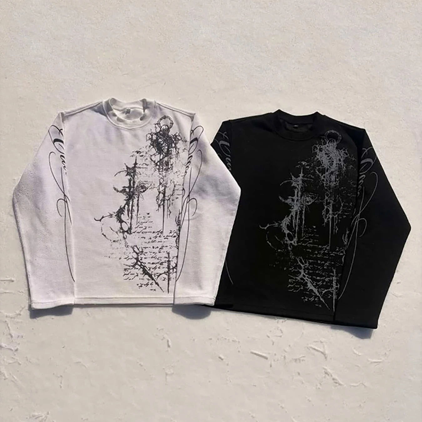 Autumn and Winter Retro Gothic Dark Style Y2K Long Sleeved Printed Waffle High Street Casual Pullover T-Shirt