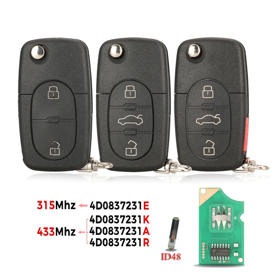 jingyuqin 315/433Mhz with ID48 Chip Flip Remote Key For Audi A2 A3 A4 A6 A8 TT 4D0837231E/K/A/R Uncut HU66 Blade