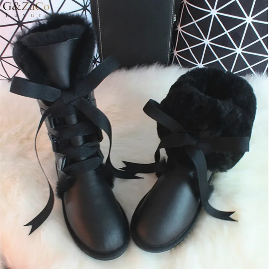 G&Zaco Luxury Sheepskin Snow Boots Australia Knee high Winter Natural Wool Boots Sheep Fur Boots Knee Bow Flat Women Long Boots