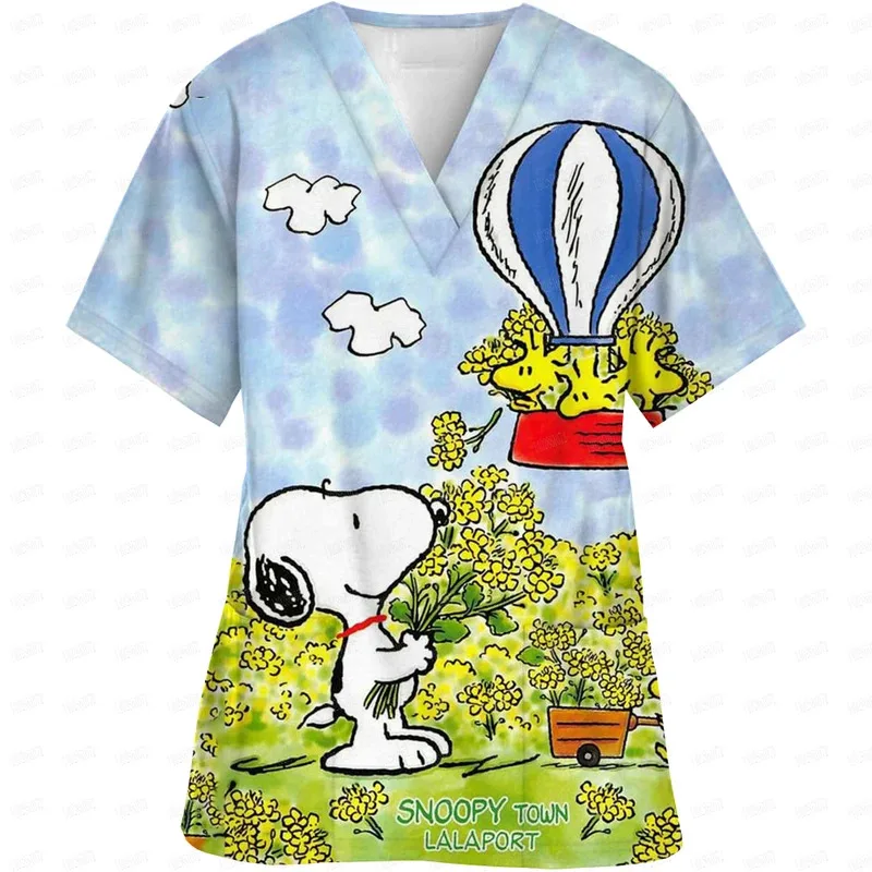 Cartoon Snoopy Printed Short Sleeve Surgical Gowns Tops Nurses' Uniforms V Neck Clinical Uniform For Woman Nursing Uniform