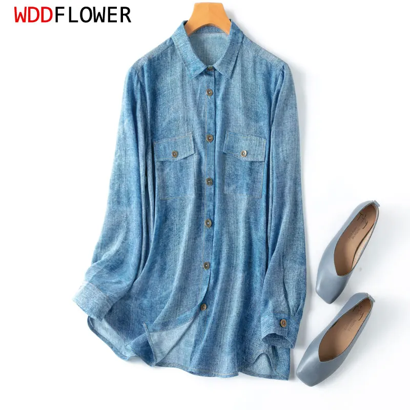 Women Silk Shirt 100% Mulberry Crepe Silk Blue Jeans Printed Long Sleeve Loose Type Top Blouse Office Lady Work M L MM860