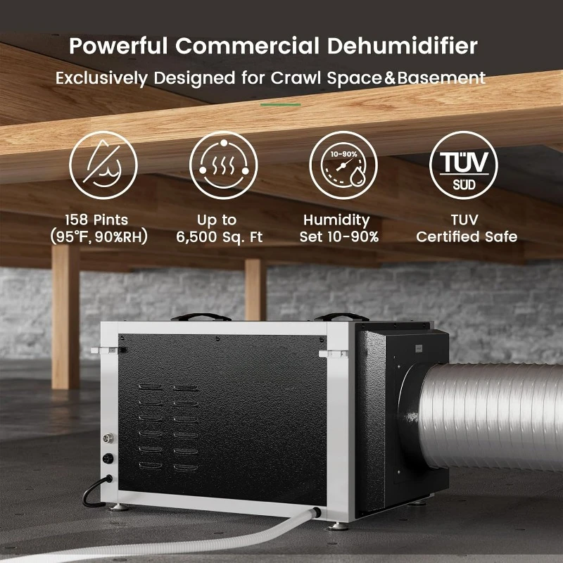 158 Pints Crawl Space Dehumidifier with Remote Control up to 6,500 sq. ft., Dual Duct HVAC Commercial Whole