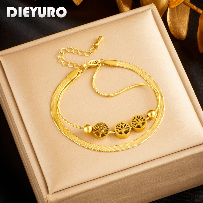 DIEYURO 316L Stainless Steel Gold Color Round Tree Charm Bracelet For Women Fashion 2-Layer Wrist Chain Jewelry Gift Pulsera