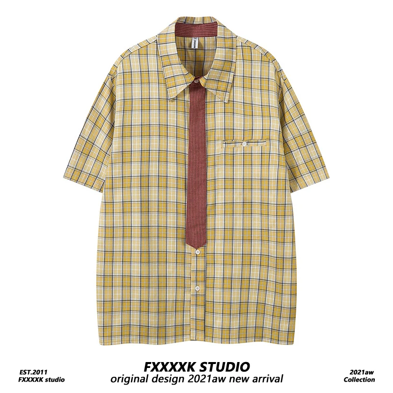 

FXK Original American Trendy Plaid irt Design Summer Casual ex ort Sve Loose Fit Men's Women's Versatile irt