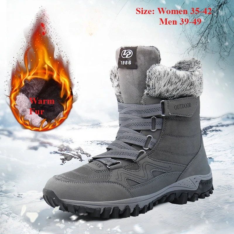 

High Top Mens Winter Snow Boots Suede Leather Waterproof Hiking Boots Sneakers Warm Fur Women's Outdoor Casual Ankle Boots