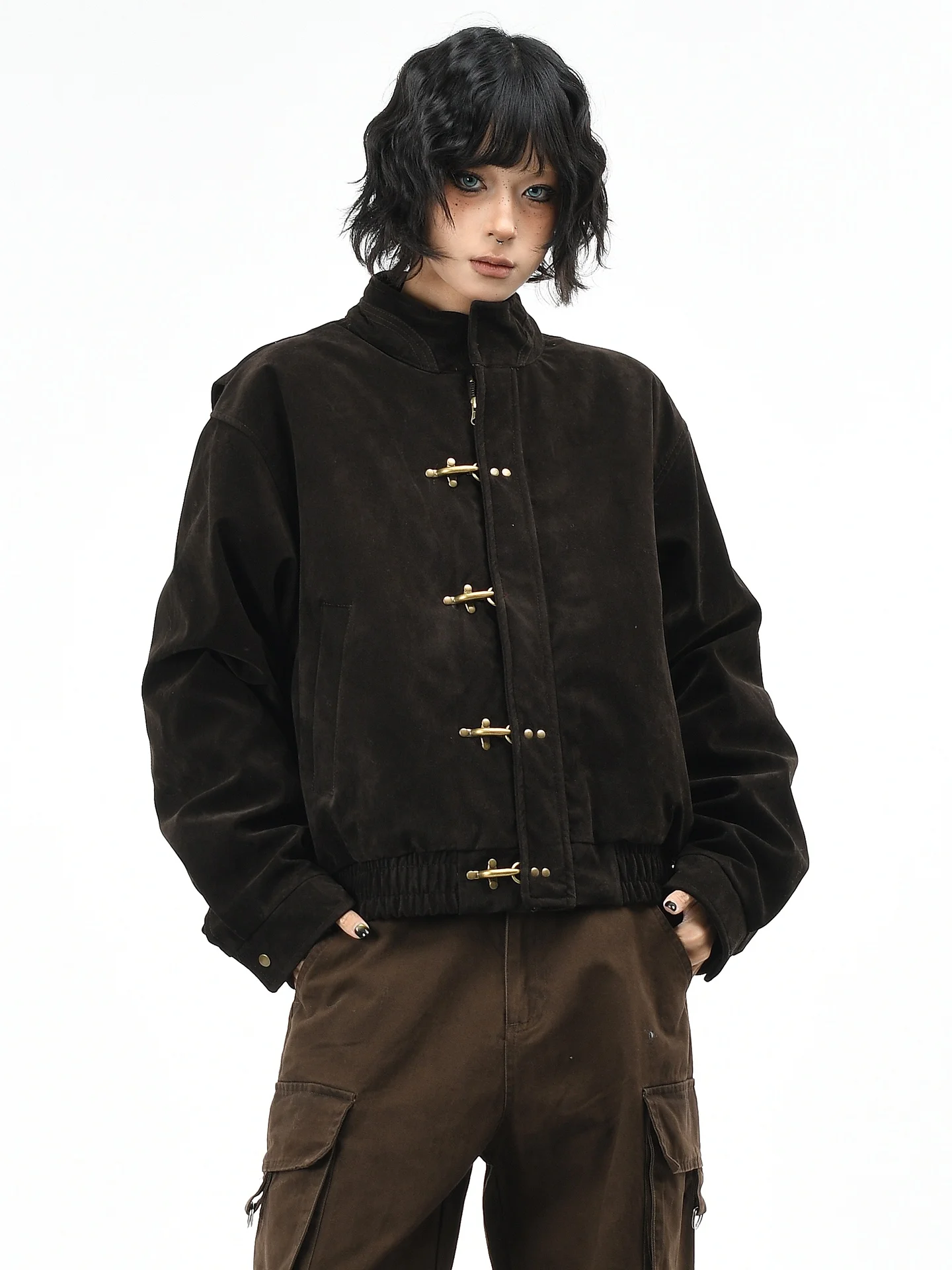 

OV Original American Retro Leather Velvet Aircrt Bule Stand Collar ort down Jaet Women Winter Thi Warm Outerwear