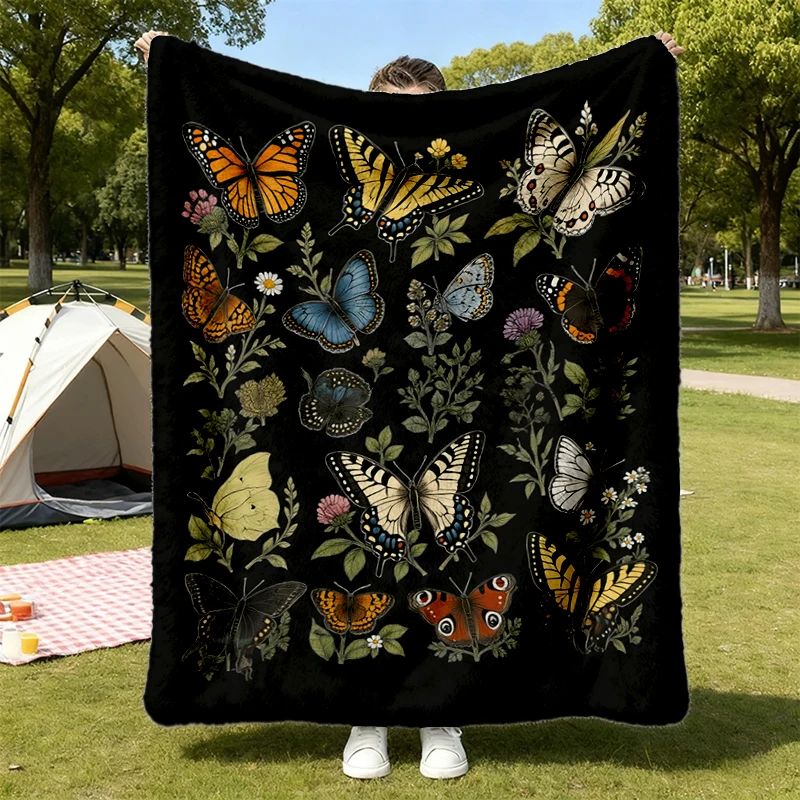 Vintage Butterfly Collection Graphic Flannel Blanket, Wildlife Nature Chart Flannel Throw, Retro Botanical Insect Style