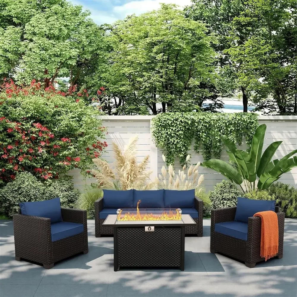 4-Piece Patio Furniture Set with 45 Fire Pit Table, Outdoor Couch, Chairs, 50,000 BTU Propane Fire Pit, Non-Slip Cushions, Water