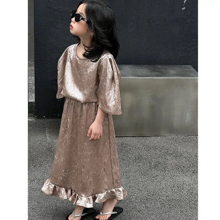 

Girls Skirt Set Spring and Summer New Korean Fashion Solid Color Simple Trend Bubble Sleeve Top Long Skirt 2 Piece Set