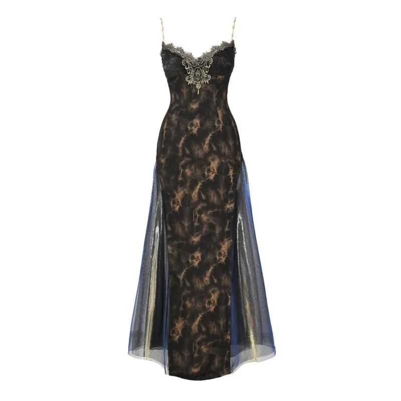 Dark Retro Women Slim‑Fit Evening Gown Gold Printed Spaghetti Strap Long Dress Side Sheer Mesh Formal Party Outfit