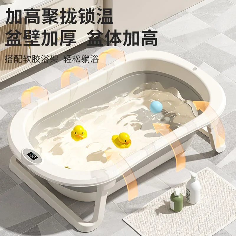 Foldable Baby Bathtub with Temperature Display Large Size Sit and Lie Down Bathing Tub for Newborns and Toddlers