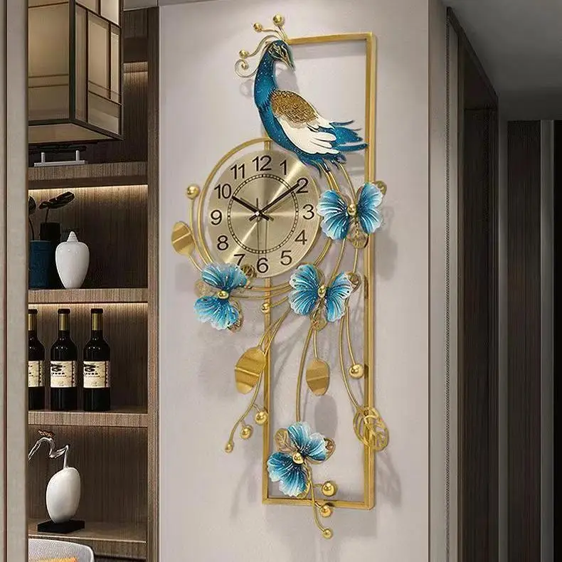 

Peacock Chinese Style Wall Clocks Big Size Metal Wall Art Luxury Interior Wall Watch Aesthetic Wanduhr Living Room Decoration