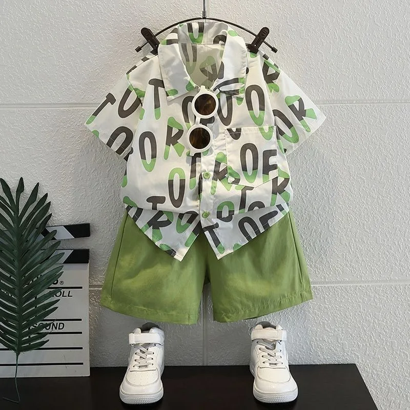 2026 Boys Summer Shirt Set Trendy Short Sleeve Toddler Boys Summer Clothing Stylish Edgy Design Pure Cotton Baby Boy Summer Suit