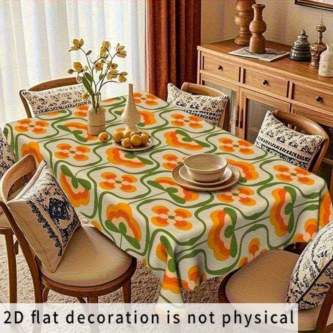 Retro 1970s theme tablecloth with bold orange and green floral pattern