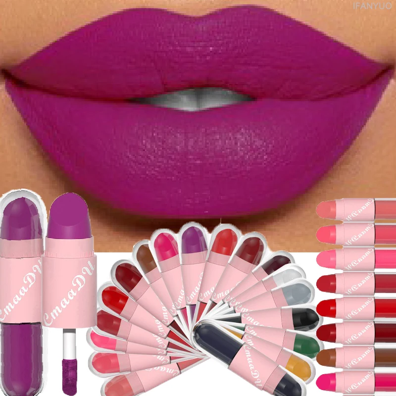 18Color 2In1 Matte Velvet Liquid Lipstick Double Head Sexy Red Purple LipGloss Moisturizing Lasting Waterproof Lip Glaze Make Up