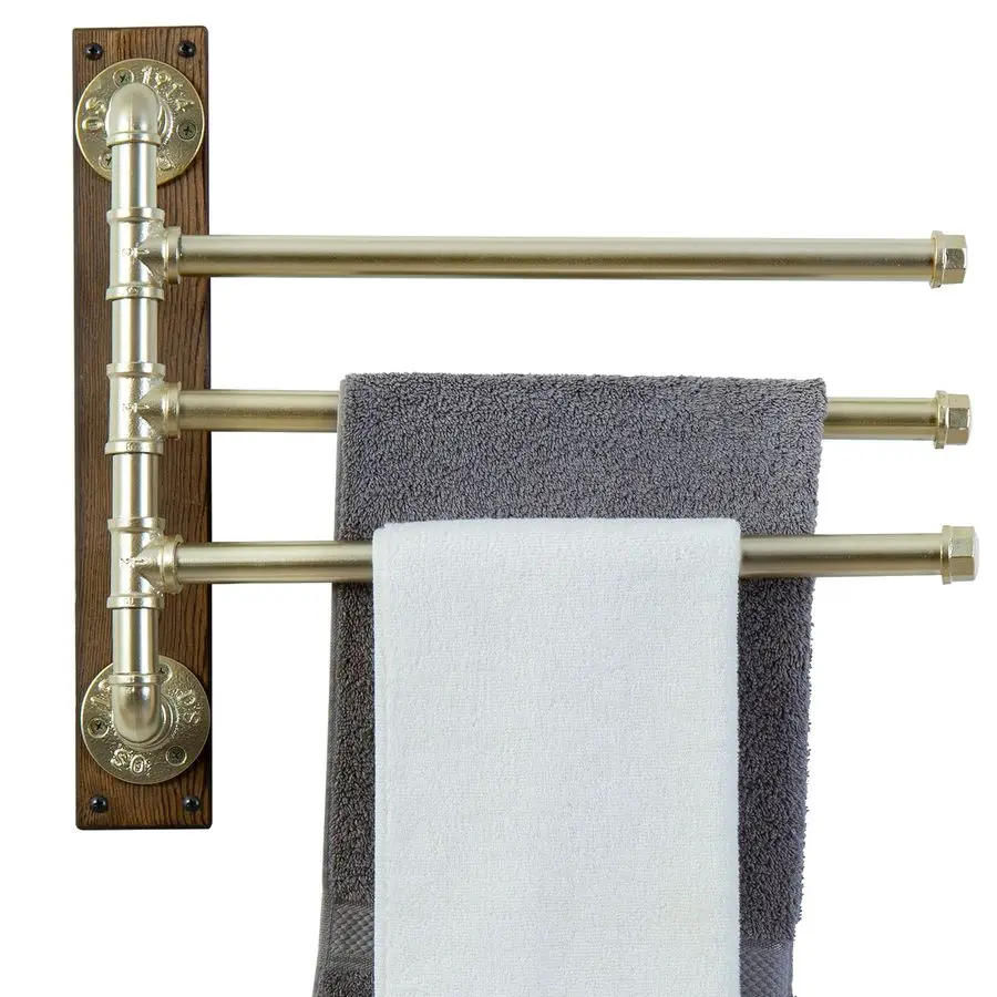 

Swivel Towel Rack, Wall Mounted Towel Holder with 3 Tier Industrial Metal Pipe Towel Bars, Wooden Base Rustproof Swing Out Towel