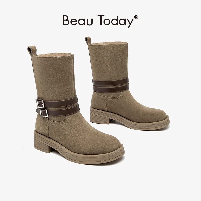 

BeauToday Mid-calf Boots Women Cow Suede Double Buckle Straps Round Toe Casual Platform Autumn Ladies Shoes Handmade 02042