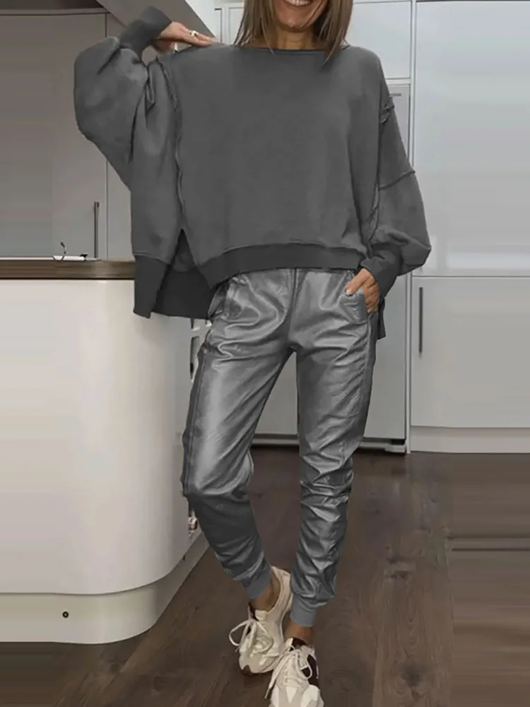 

Casual O Neck Patchwork Two Pieces Set, Women Spring Long Sleeve Loose Sweatshirt Outfit, 2025 Elegant Pocket Pants Ladies Suits