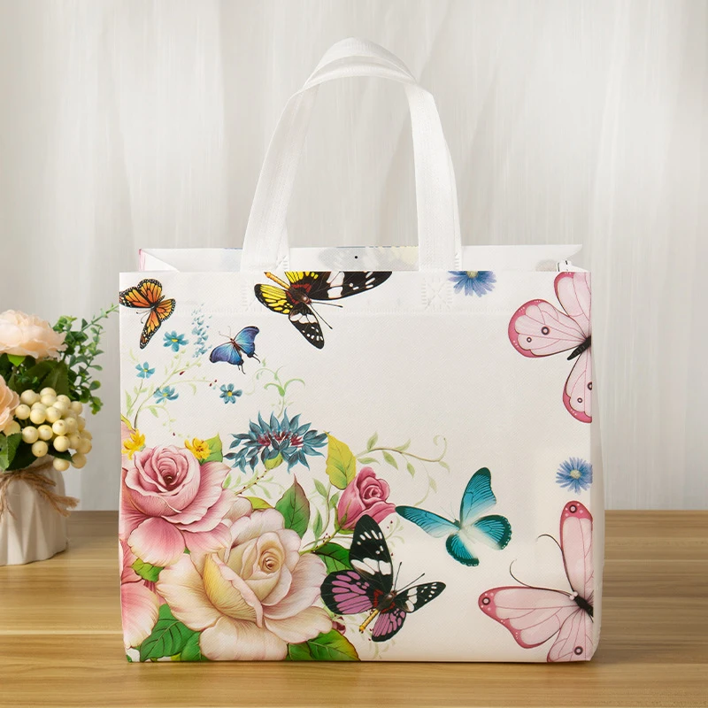 Folding Shopping Bag Eco Bag Takeaway Bag Non-woven Fabric Storage Bag Waterproof Butterfly Printing Shopping Pouch Grocery Bag