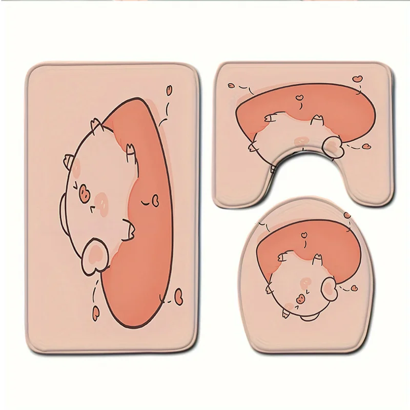 Cute Piglet Bath Set Three Piece Mat Toilet Lid Cover and U Shaped Rug Soft Flannel Non Slip Surface for Bathroom Decor
